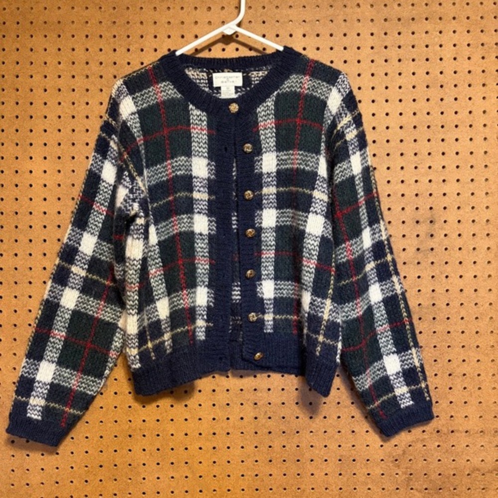 Christopher‎ & Banks Womens Medium Plaid Wool Cardigan Sweater Preppy Academia